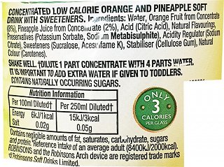 Robinsons Orange Pineapple Squash No Added Sugar With Sweeteners 1L