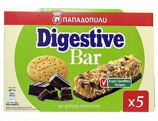 Παπαδοπούλου Digestive Bar Με Μαύρη Σοκολάτα Χωρίς Προσθήκη Ζάχαρης 5x28g