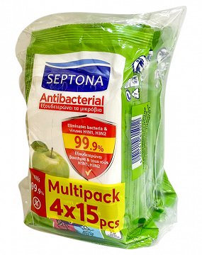 Septona Antibacterial Green Apple Wet Wipes 4x15Pcs Multipack