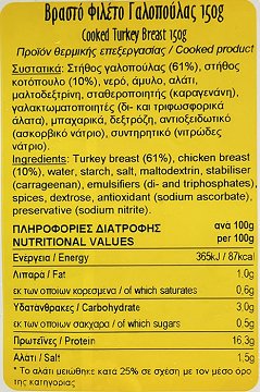 Snack Βραστό Φιλέτο Γαλοπούλας Φέτες 25% Λιγότερο Αλάτι 150g