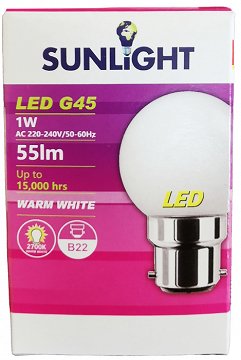Sunlight Led G45 1W B22 Warm White Bayonet Light Bulb 1Pc