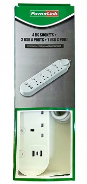 PowerLink Εξτένσιον 4 Πρίζες, 2 USB A & 1 USB C 2 Μέτρα