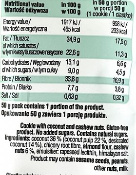 Frank & Oli Keto Soft Cookie Coconut Cashew Χωρίς Πρόσθετη Ζάχαρη 50g