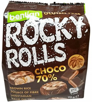 Rocky Rolls Choco 70% Rice Rolls Gluten Free 70g
