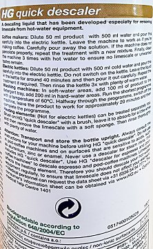 Hg Quick Descaler For Coffee Machines Electric Kettles & Washing Mashines 500ml