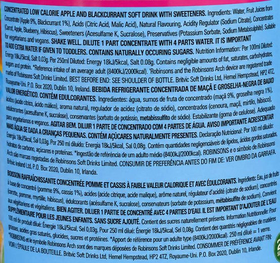 Robinsons Apple& Blackcurrant Squash With Sweeteners 1L