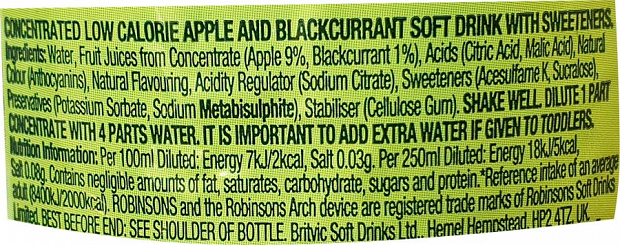 Robinsons Apple& Blackcurrant Squash With Sweeteners 1L