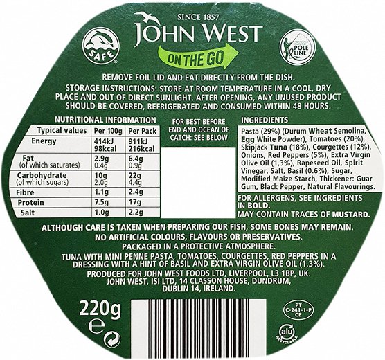 John West On The Go Italian Tuna Pasta Salad 220g