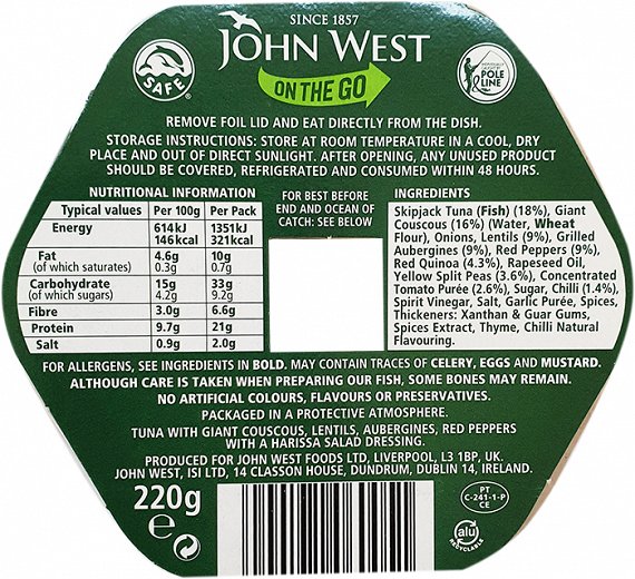 John West On The Go Harissa Spiced Super Tuna Salad With Couscous & Lentils 220g
