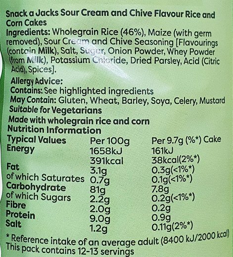 Snack A Jacks Sour Cream & Chives Rice & Corn Cakes 117g