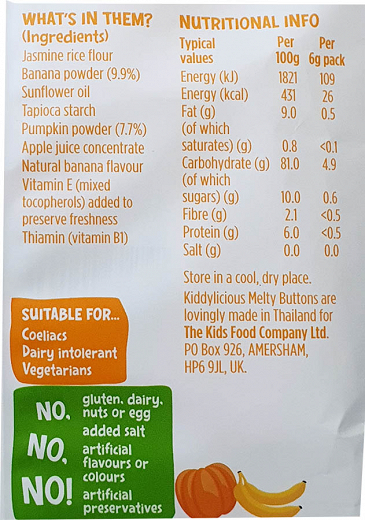 Kiddylicious Finger Food Melty Buttons Banana & Pumpkin Gluten Free 5x6g