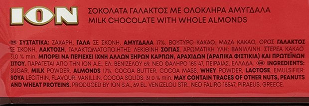 Ion Milk Chocolate With With Whole Almonds Long 100g