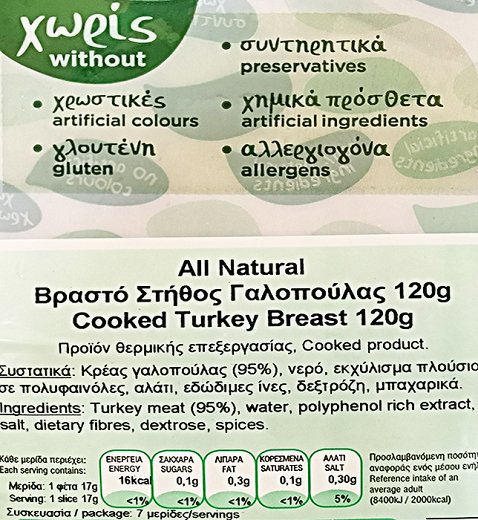Γρηγορίου All Natural Βραστό Στήθος Γαλοπούλας Φέτες 120g