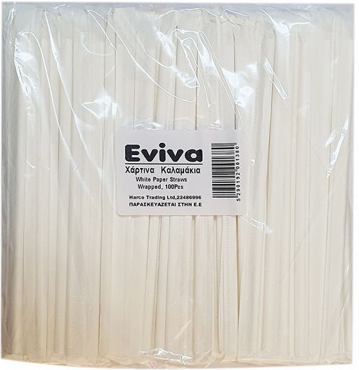 Eviva White Drinking Paper Straws Wrapped 100Pcs