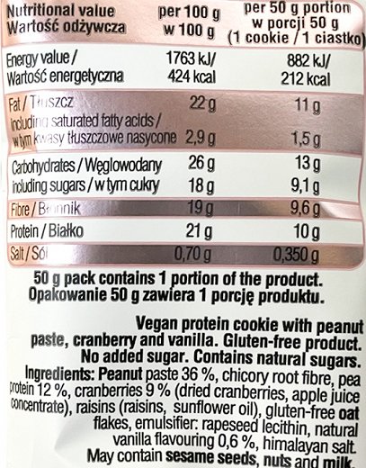 Frank & Oli Protein Soft Cookie Cranberry Vanilla No Added Sugar 50g