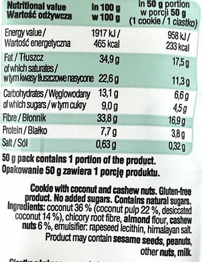 Frank & Oli Keto Soft Cookie Coconut Cashew Χωρίς Πρόσθετη Ζάχαρη 50g
