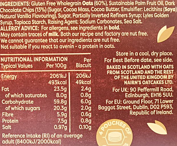 Nairns Oaties Biscuits With Chocolate Chip Gluten Free 160g