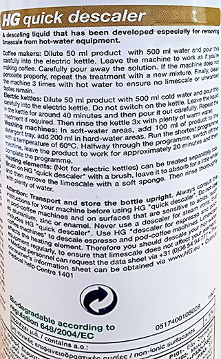 Hg Quick Descaler For Coffee Machines Electric Kettles & Washing Mashines 500ml