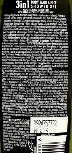 Fa Men Sport Energy Boost 3In1 Shower Body & Hair & Face 250ml