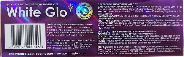White Glo 2 In 1 With Mouthwash 100ml + 1 Toothbrush Free