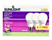 Sunlight Led A60 8.5W E27 Warm White Screw Light Bulb 2+1Pcs